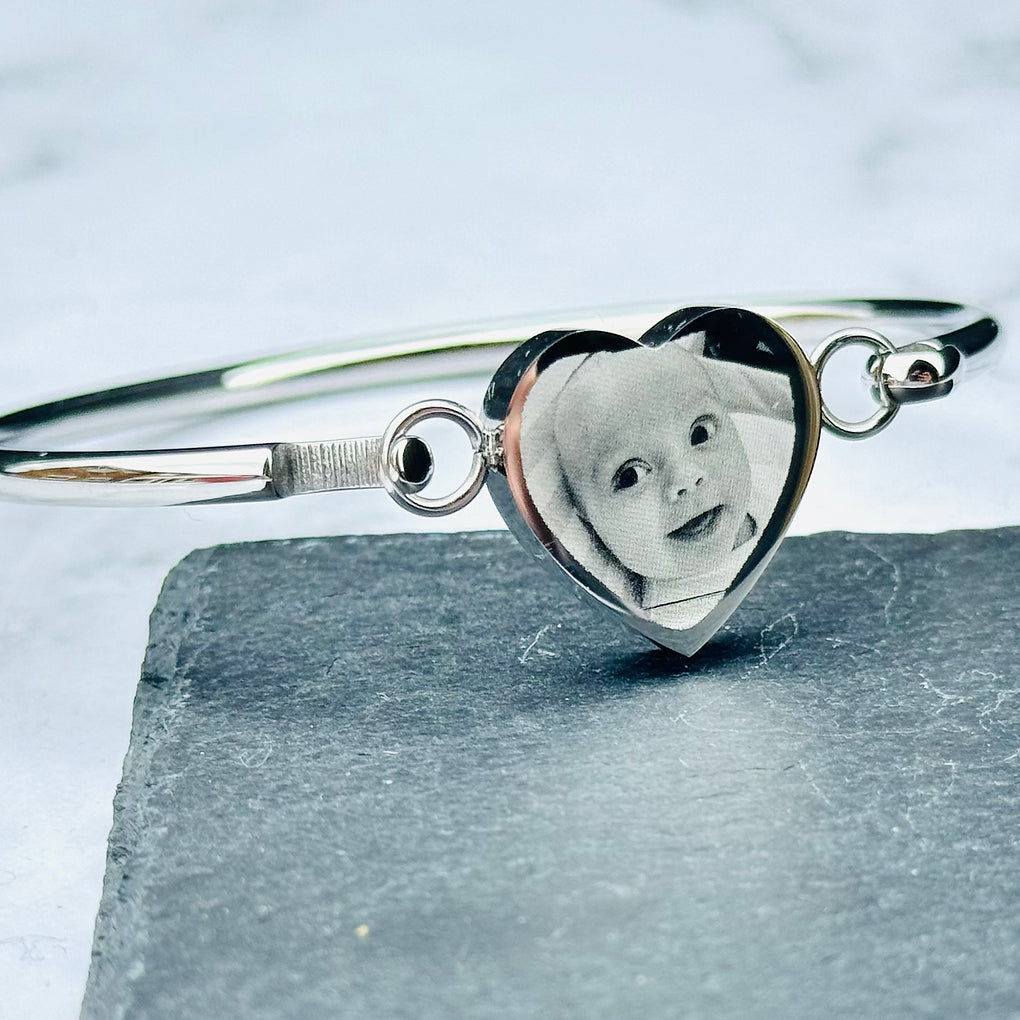 Engraved photo heart bangle