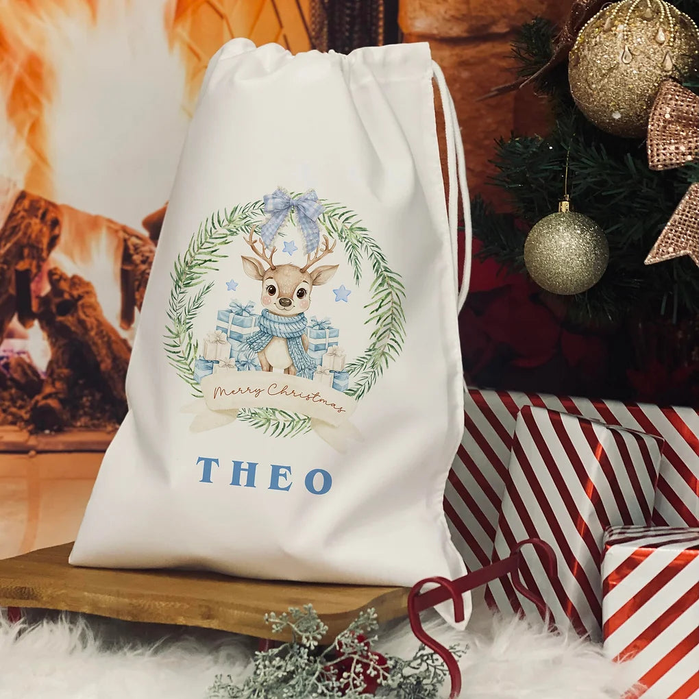 Personalised Christmas Eve Bag. Christmas reindeer - Blue