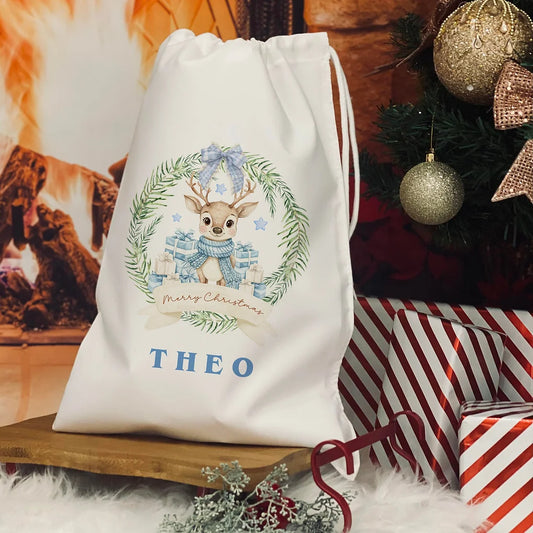 Personalised Christmas Eve Bag. Christmas reindeer - Blue