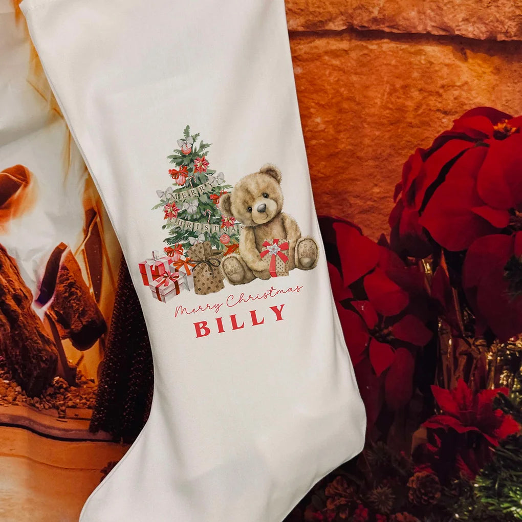 Personalised Christmas Stocking -  Christmas Bear - Red des