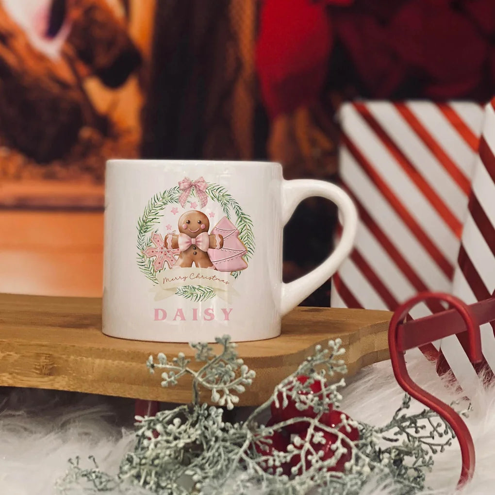 Personalised Pink Ginger bread wreath   design 6oz  kids ceramic mug