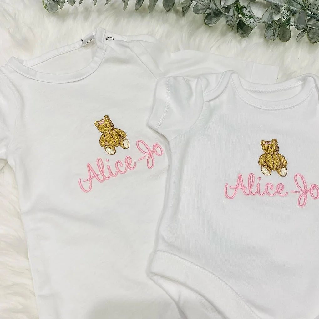 Personalised Embroidered bear Baby Sleep Suit & Vest Set