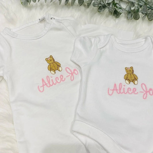 Personalised Embroidered bear Baby Sleep Suit & Vest Set