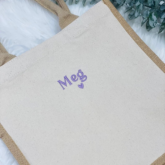 Personalised jute shopper tote bag - embroidered.