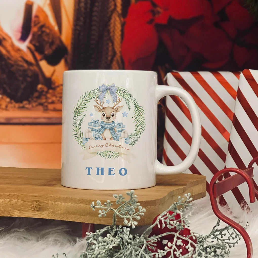 Personalised christmas  mug 11oz - Reindeer Design - Blue
