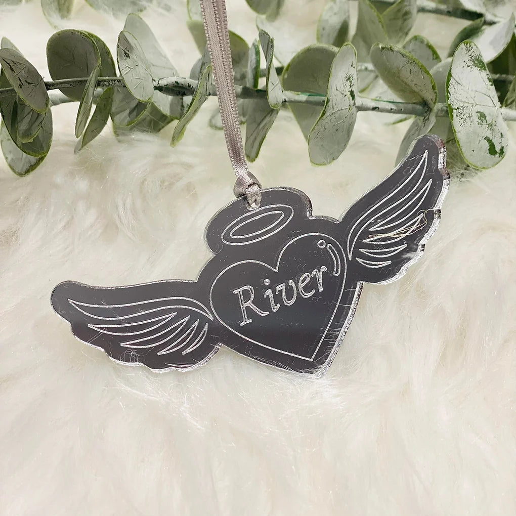 Personalised Memorial Angel Heart Mirrored Acrylic Hanging Tree Decoration