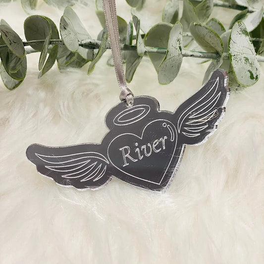 Personalised Memorial Angel Heart Mirrored Acrylic Hanging Tree Decoration