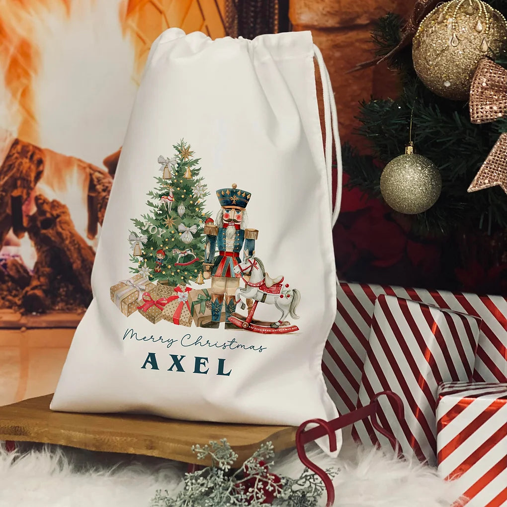 Personalised Christmas Eve Bag. Nutcracker - Blue design