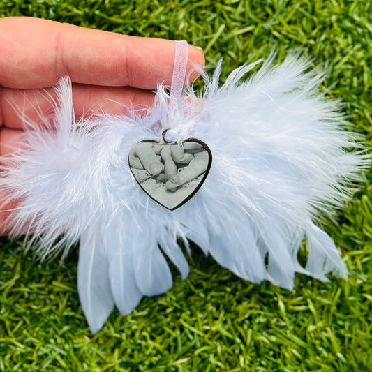 Engraved heart pendant feather angel wing memorial tree decoration