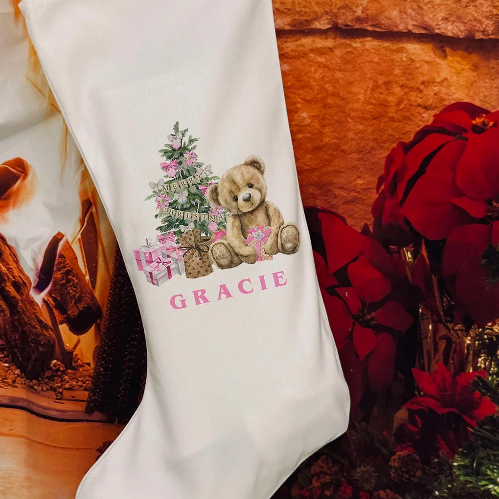 Personalised Christmas Stocking -  Christmas Bear - Pink design