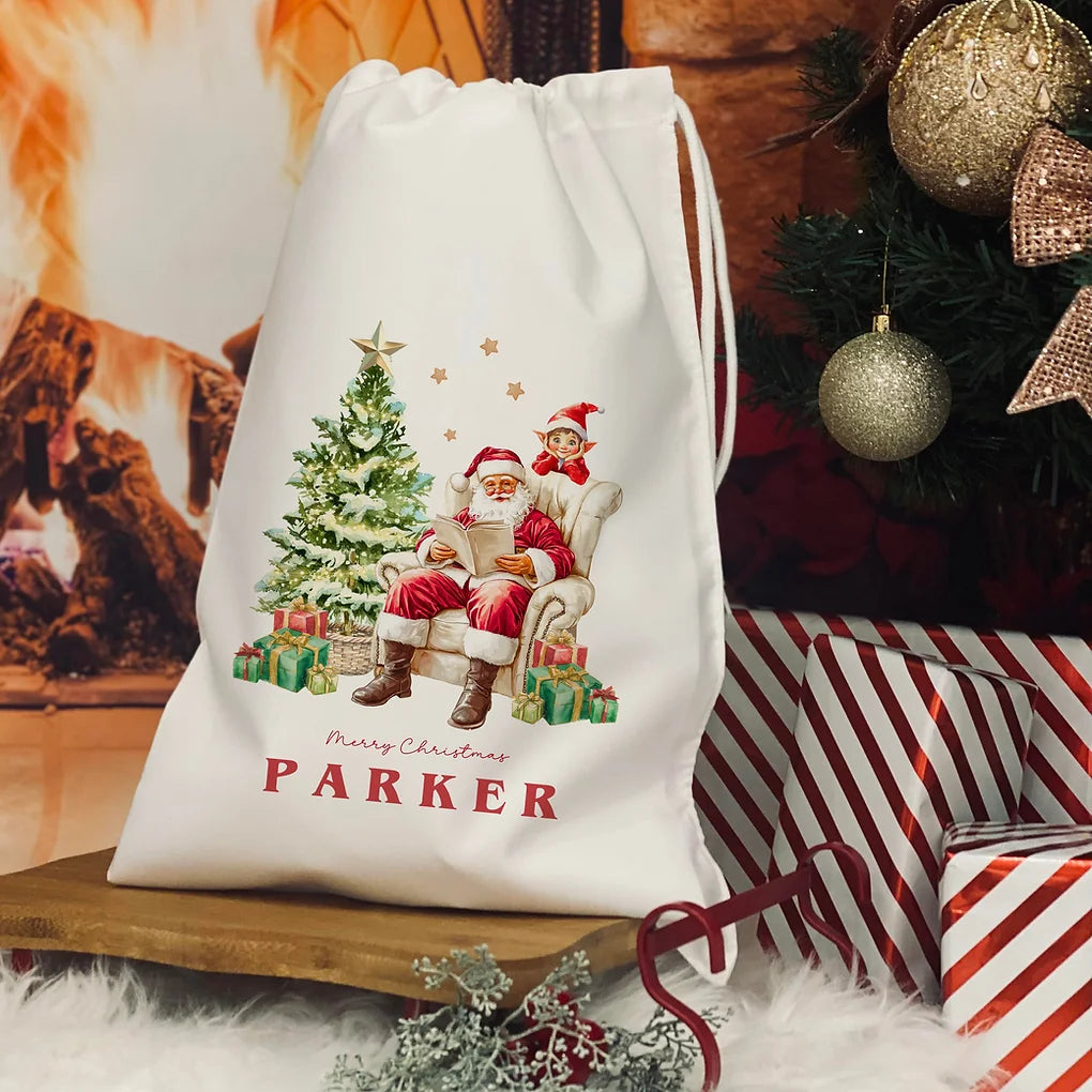 Personalised Christmas Eve Bag. Santa and his Elf design