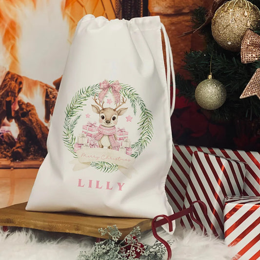 Personalised Christmas Eve Bag. Christmas Reindeer - Pink design