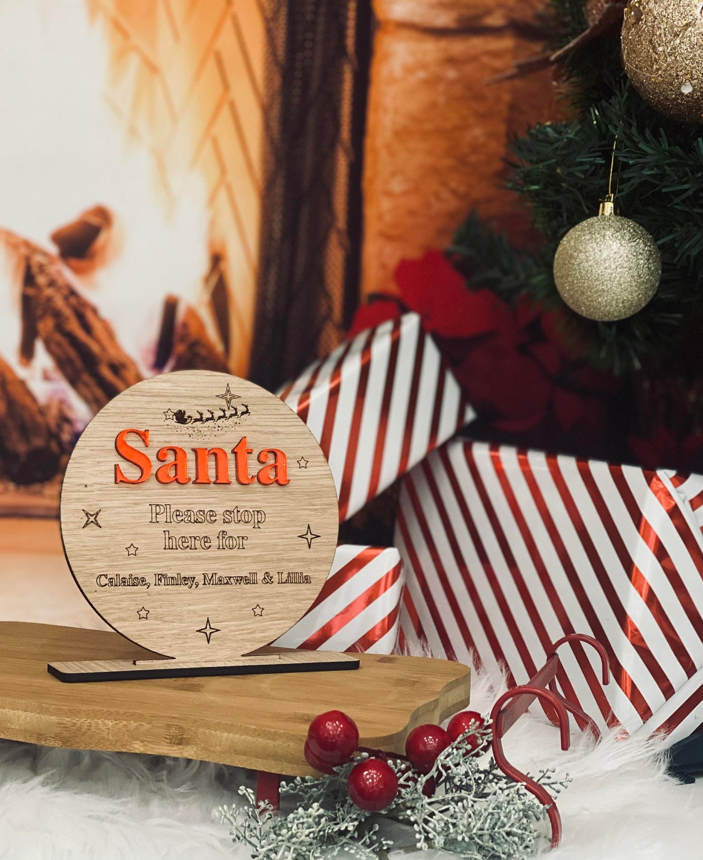 Santa Stop Here Personalised Sign Mirrored acrylic & 4mm oak