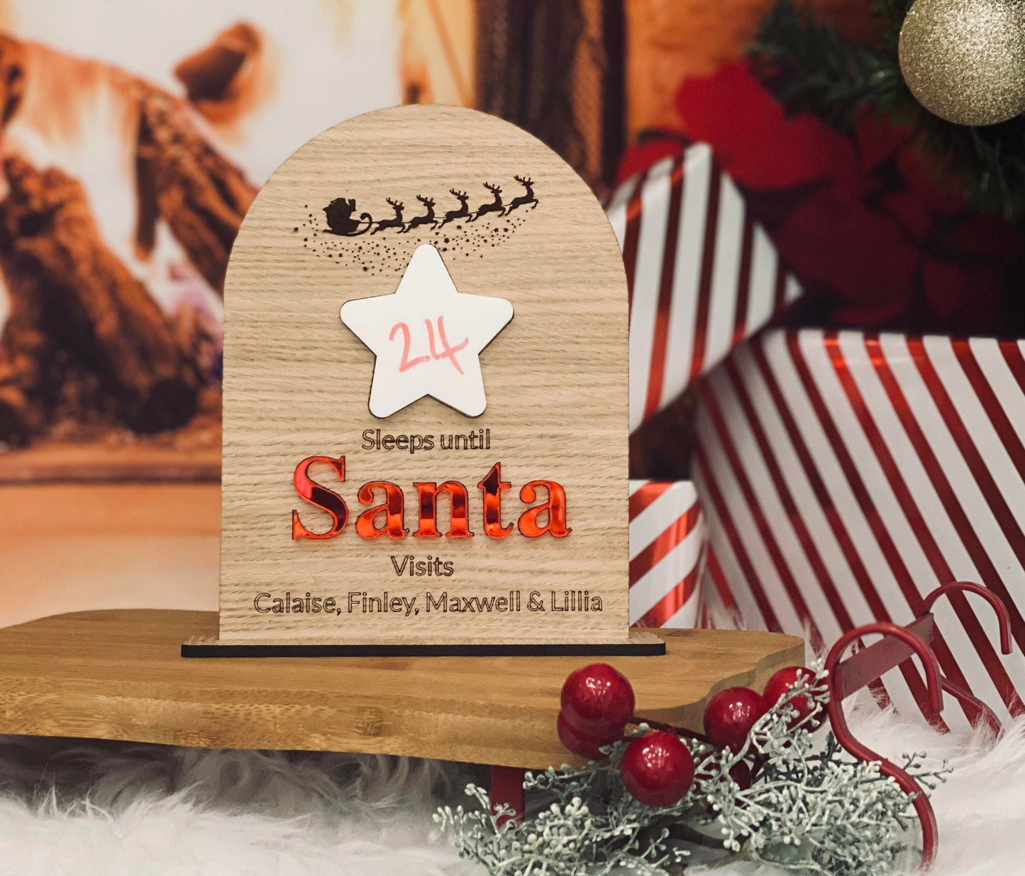 Personalised sleeps until Santa visits Sign Mirrored acrylic & 4mm oak - personalised christmas countdown