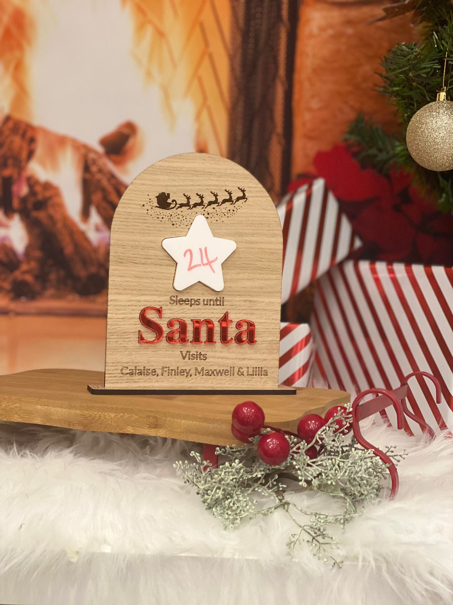 Personalised sleeps until Santa visits Sign Mirrored acrylic & 4mm oak - personalised christmas countdown