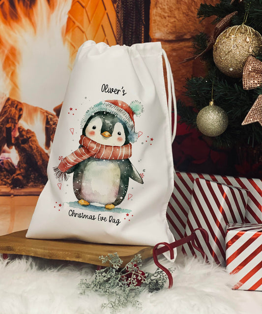 Personalised Christmas Eve Bag - Treat Bag - Christmas Eve Treat Bag - Christmas Penguin Theme