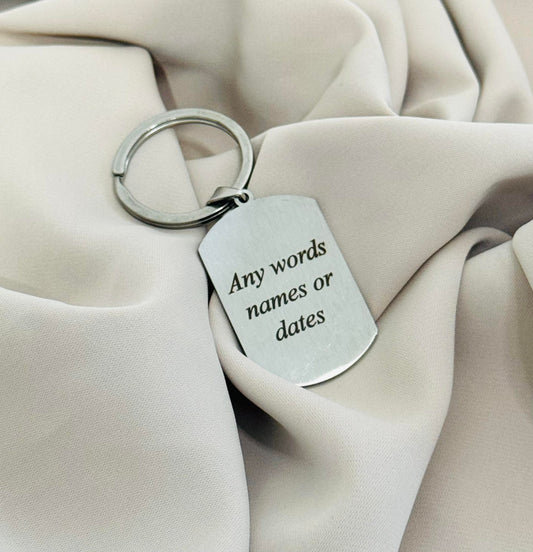Engraved dog tag keyring personalised with your own words
