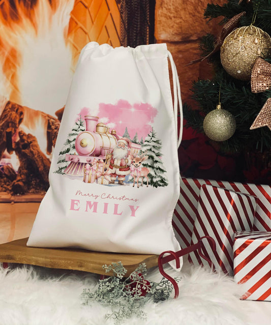 Personalised Christmas Eve Bag - Treat Bag - Christmas Eve Treat Bag - Pink xmas train  design