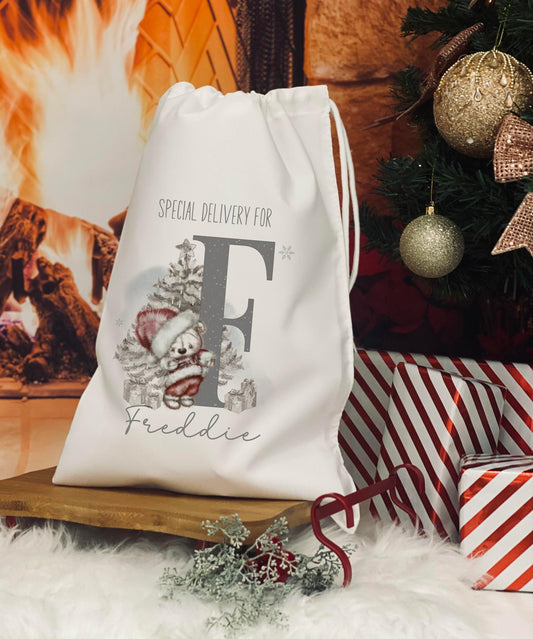 Personalised Christmas Eve Bag - Treat Bag - Christmas Eve Treat Bag - Christmas bear initial  design