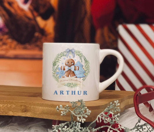 Childrens Mug - Christmas Eve Mug - 6 OZ Mug - Christmas gingerbread man blue  - Christmas Eve Mug