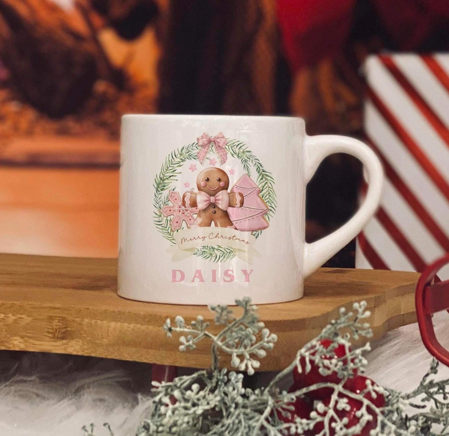 Childrens Mug - Christmas Eve Mug - 6 OZ Mug - Christmas gingerbread man pink - Christmas Eve Mug