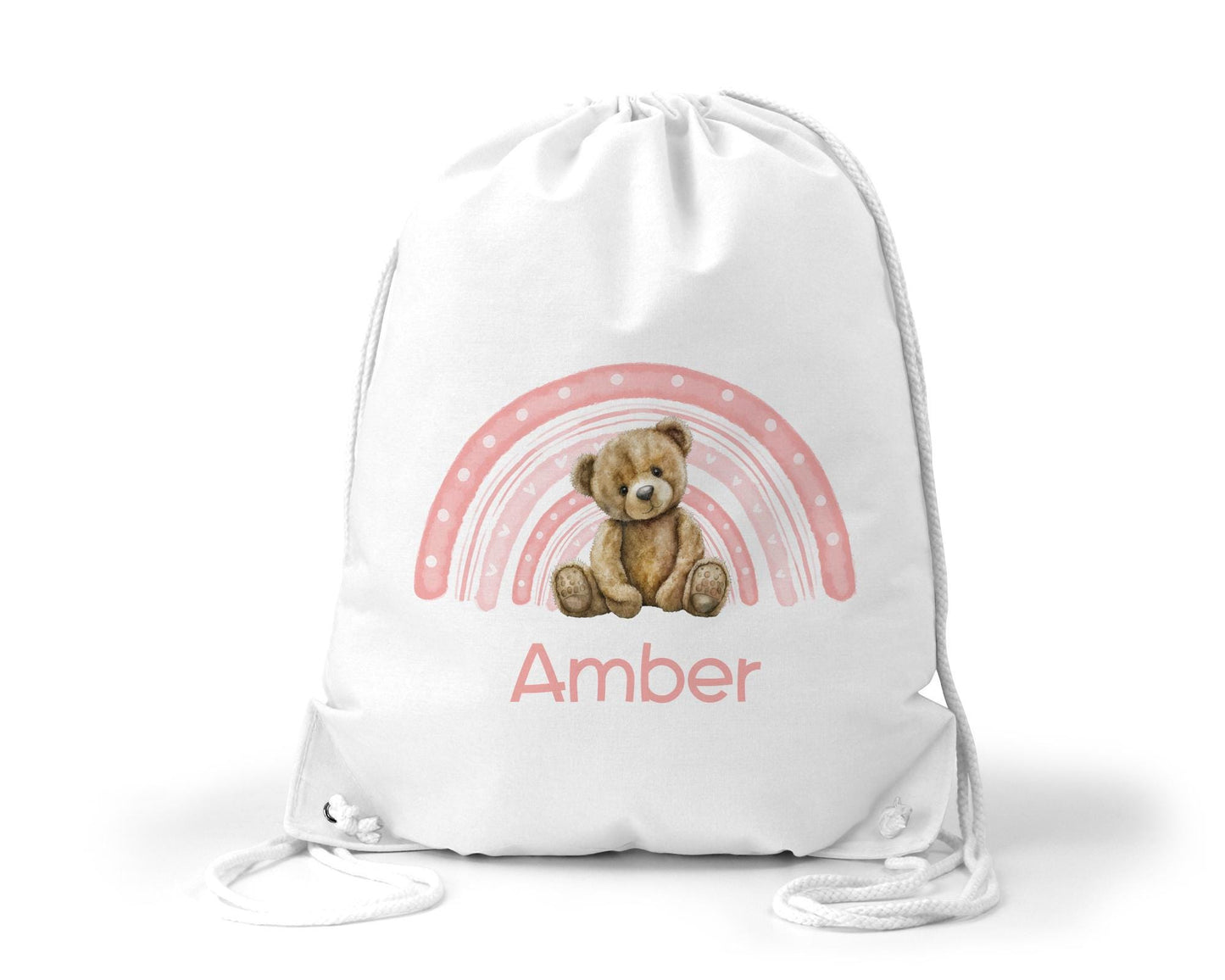Personalised pink rainbow bear theme drawstring bag - nursery bag - school bag