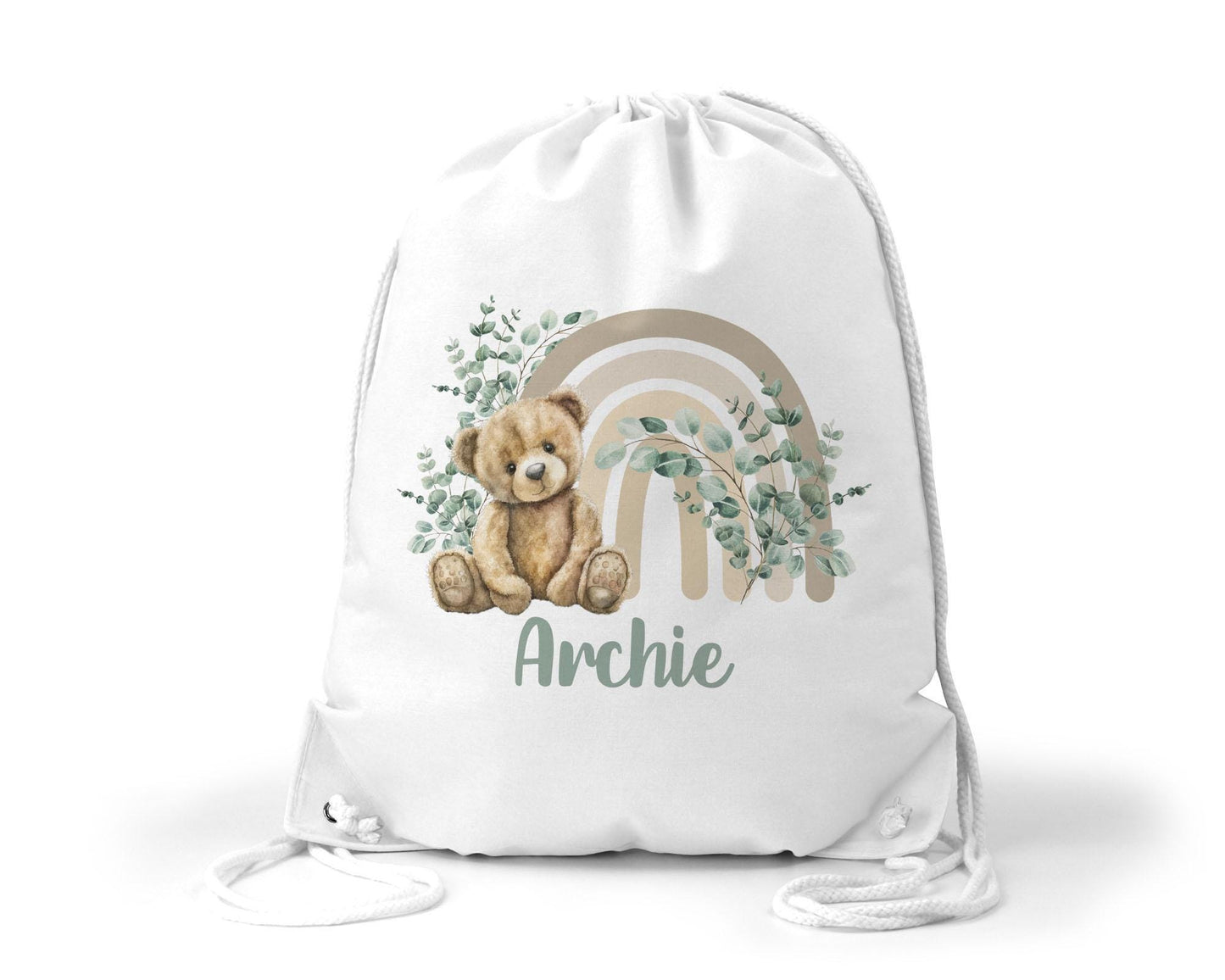 Personalised neautral rainbow bear theme drawstring bag - nursery bag - school bag