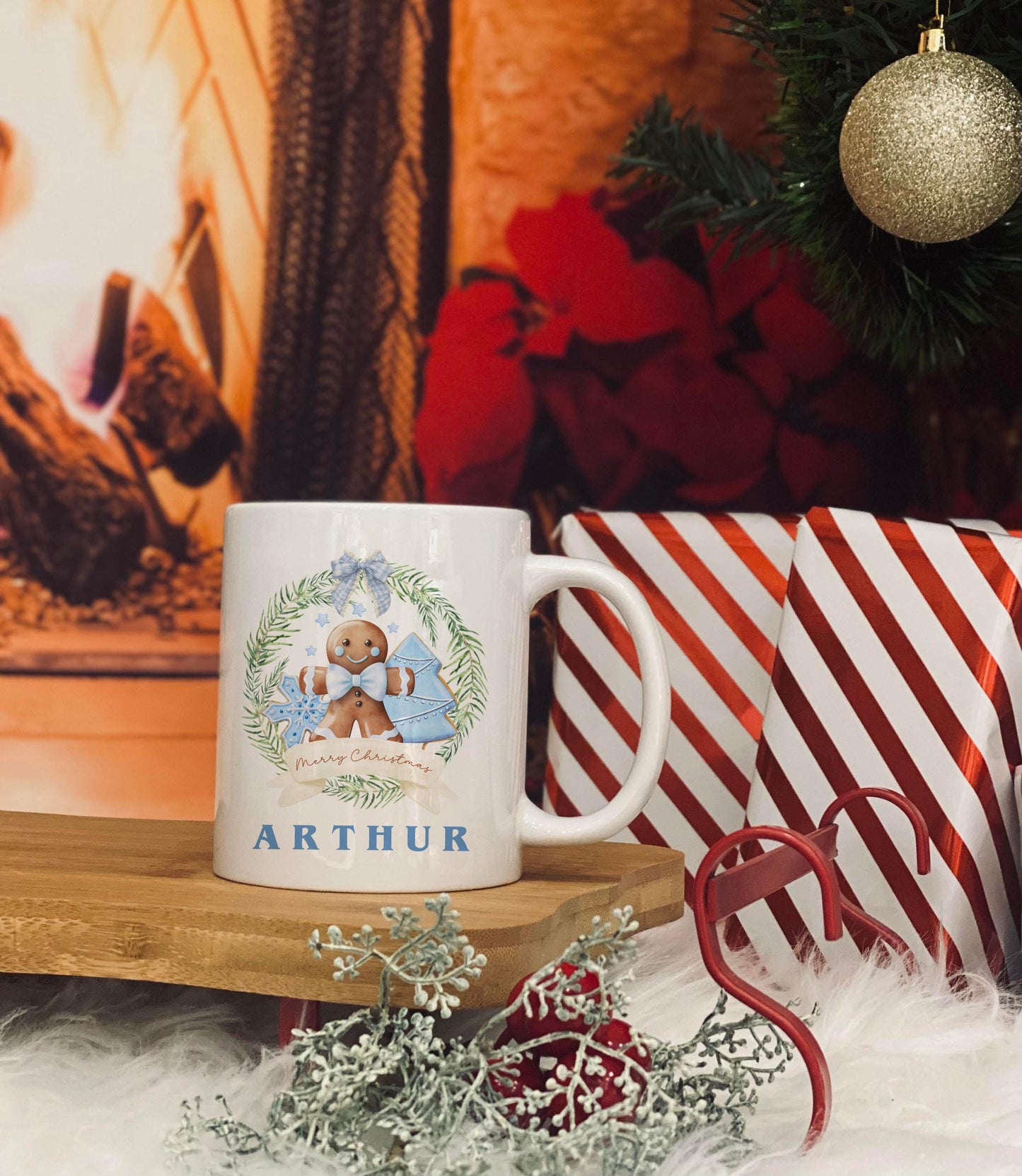 Personalised Christmas Mug - Blue Ginger bread Theme Christmas Eve Mug - 11oz Mug  - Family Christmas Mugs