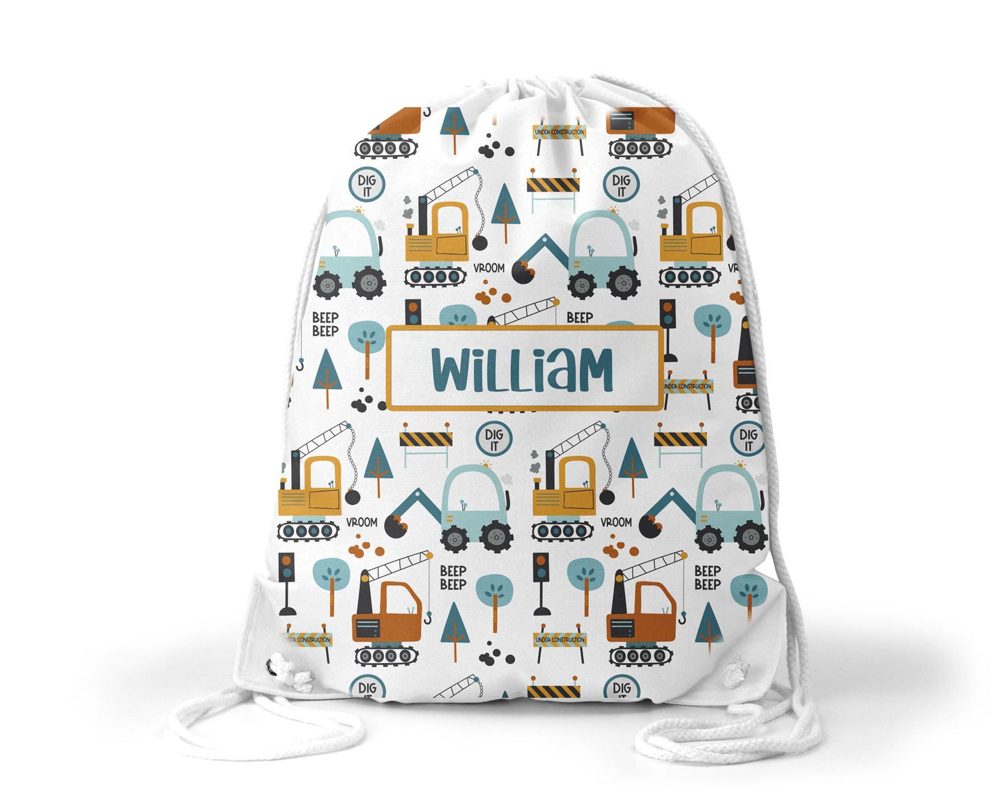 Personalised digger theme drawstring bag - nursery bag - school bag