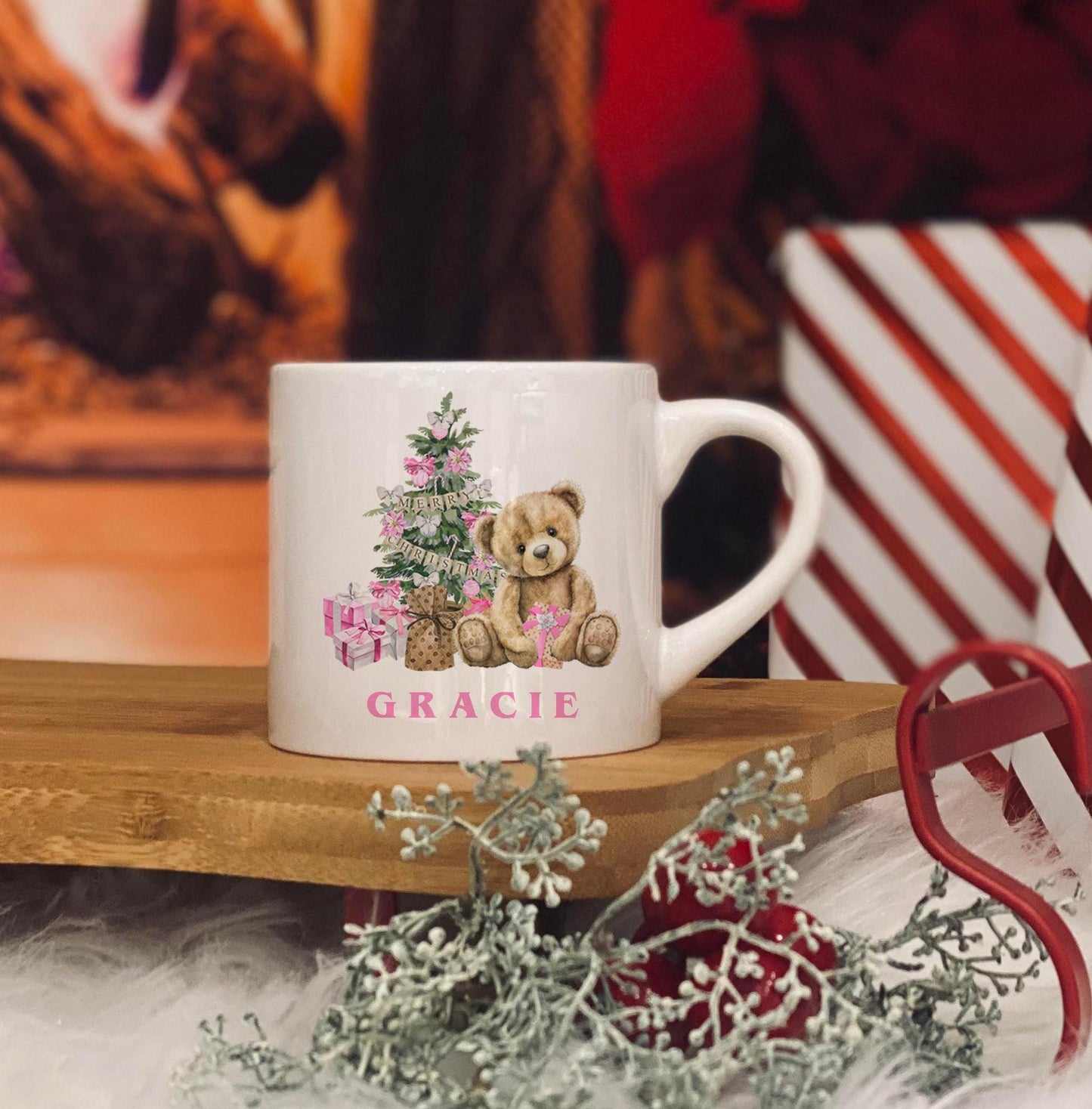 Childrens Mug - Christmas Eve Mug - 6 OZ Mug - Christmas Bear - Pink- Christmas Eve Mug