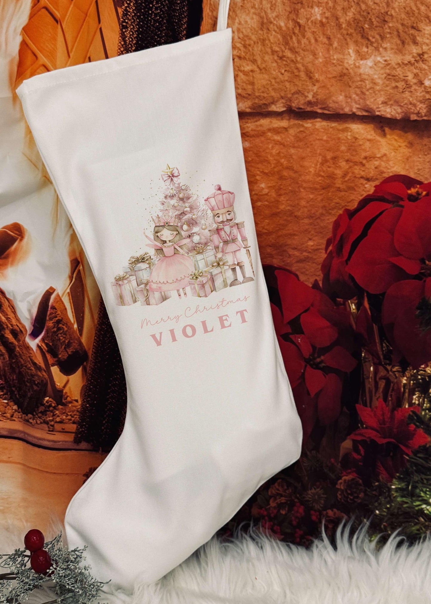 Personalised Christmas Stocking - Christmas Nutcracker - Pink Design -