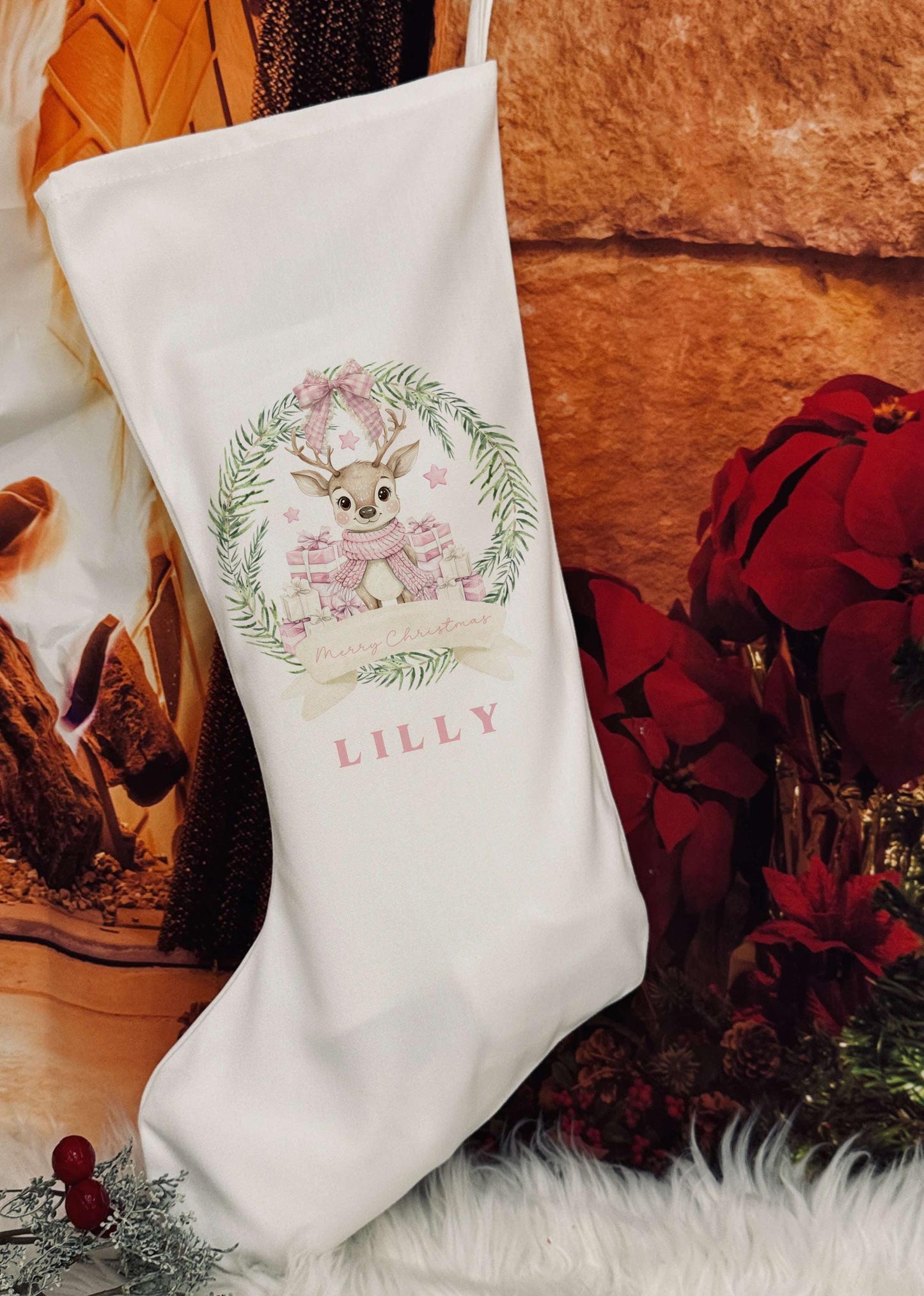 Personalised Christmas Stocking - Christmas Reindeer Design - Pink